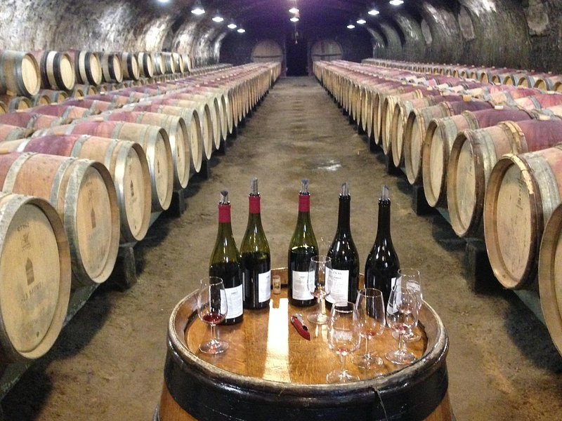 Five bottles and glasses on a cask between two long rows of barrels