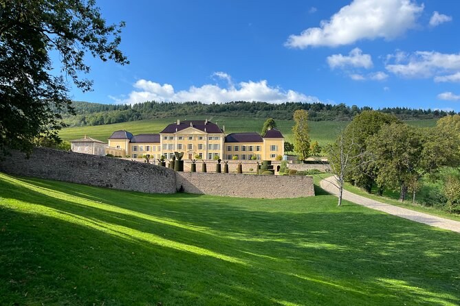 A pale château with a long façade seen across a sunlit lawn and a stone wall